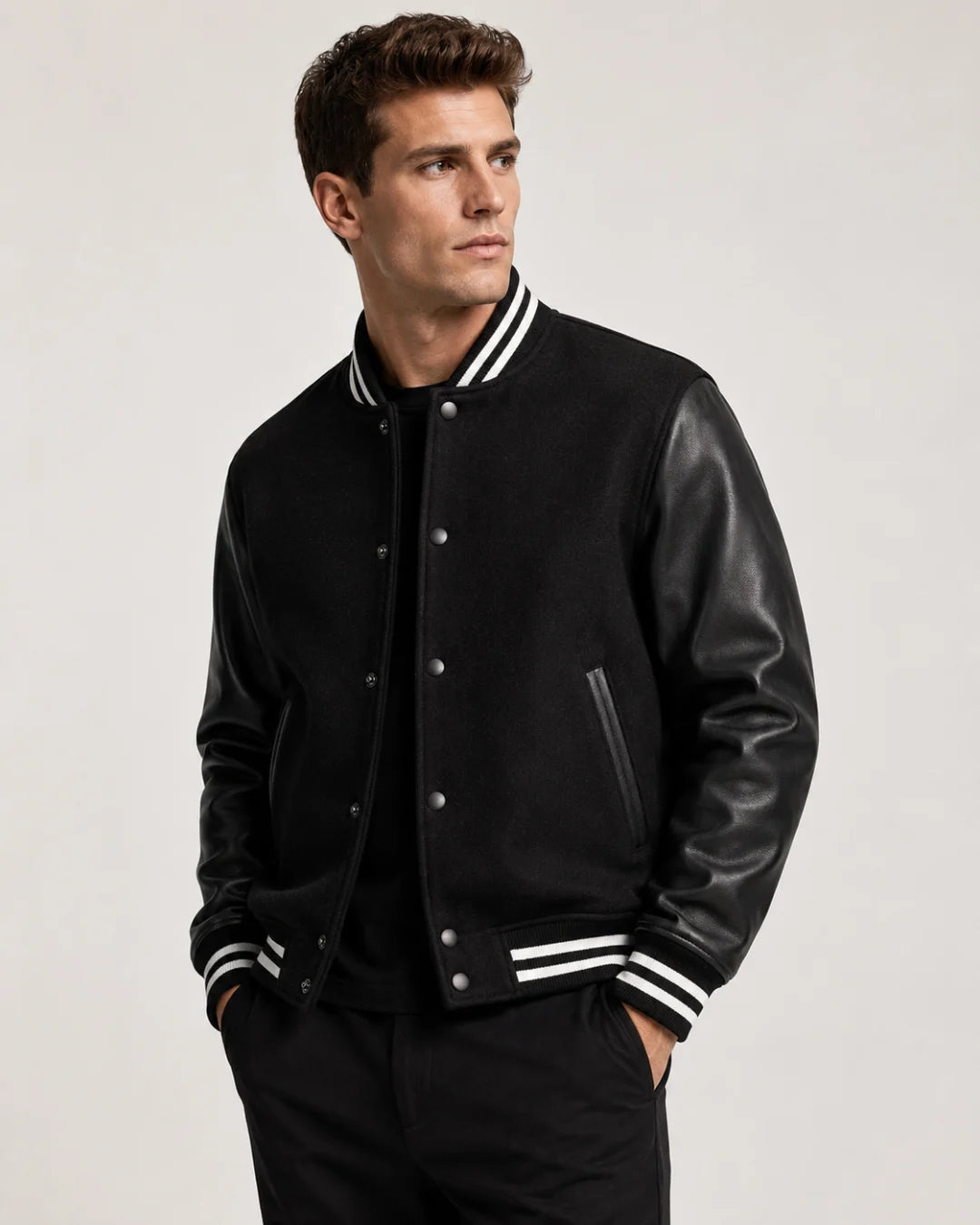 Mens black varsity jacket with wool body, leather sleeves, snap buttons, and striped ribbed trim worn by male model