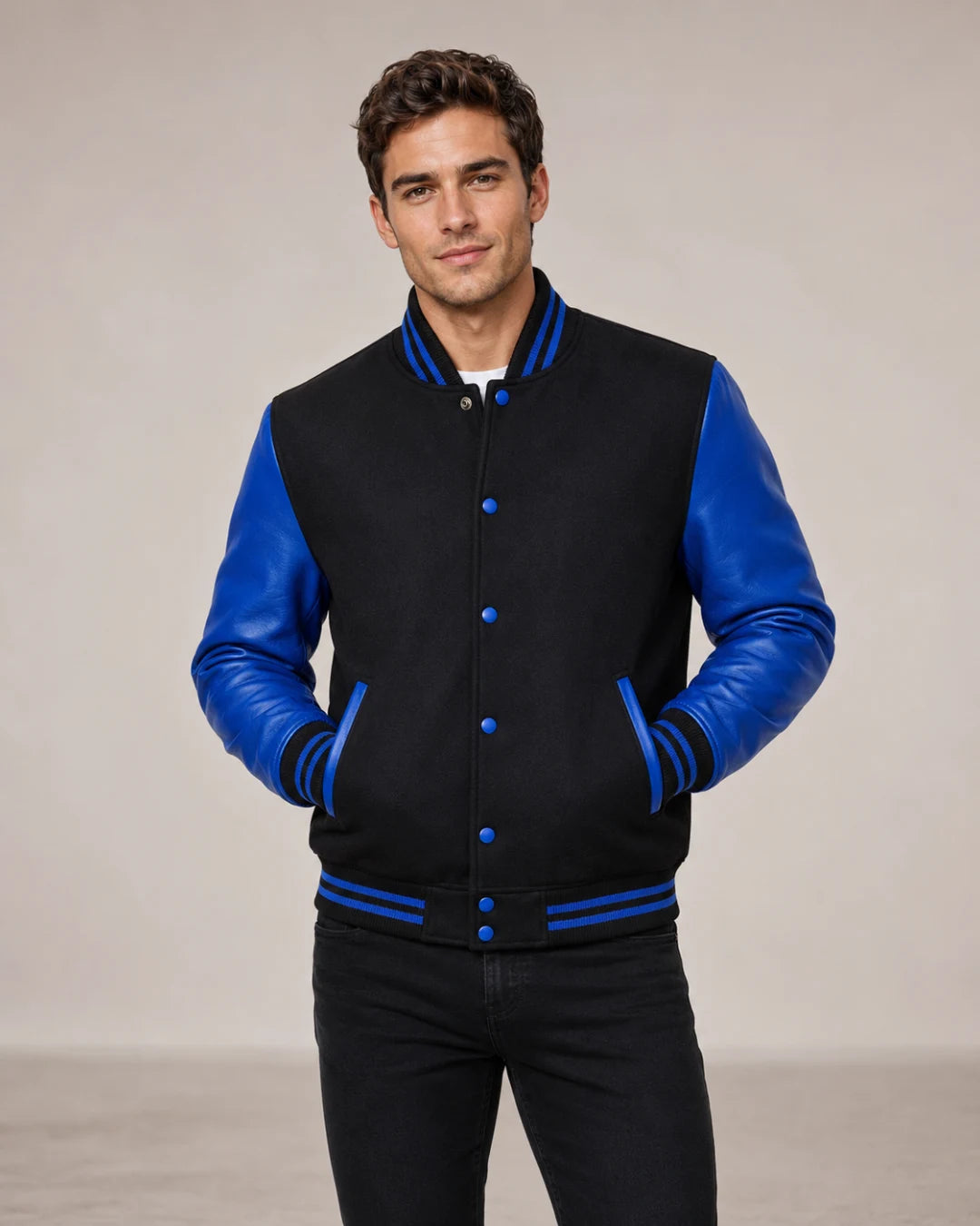Men’s black and blue wool and leather varsity jacket front view