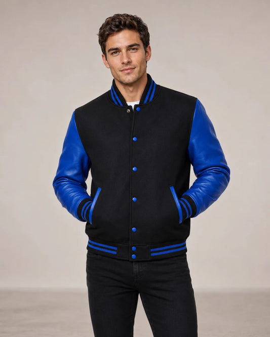 Men’s black and blue wool and leather varsity jacket front view