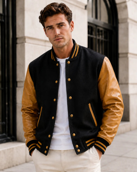 Male model wearing a blank men's black and gold varsity jacket with gold leather sleeves