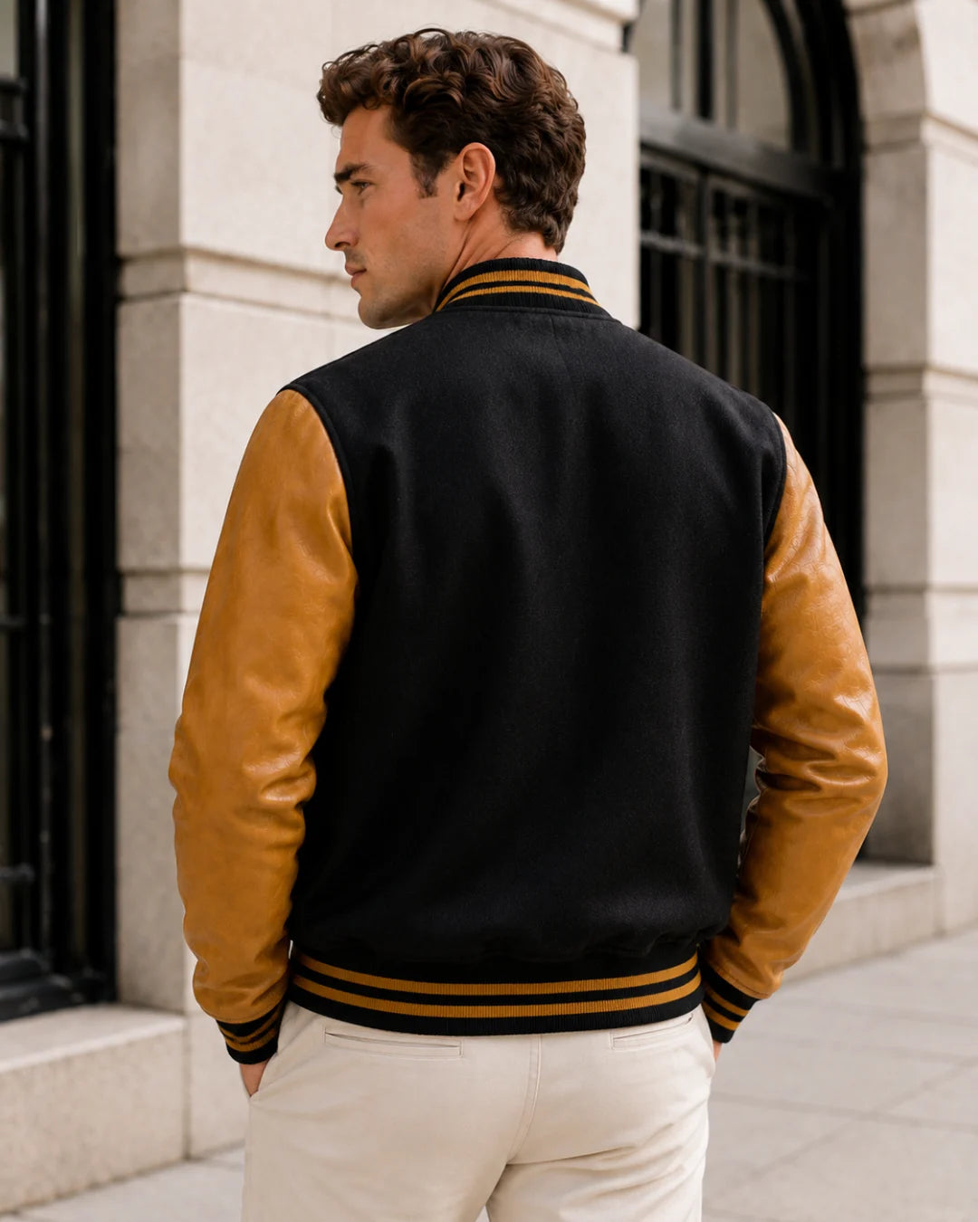 Back view of a blank men's black and gold varsity jacket with gold leather sleeves