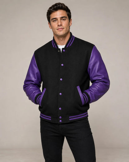 Men’s black and purple wool and leather varsity jacket front view