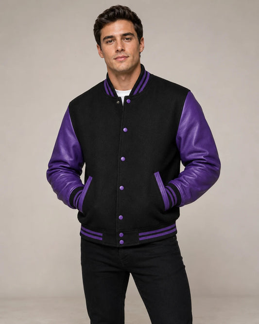 Men’s black and purple wool and leather varsity jacket front view