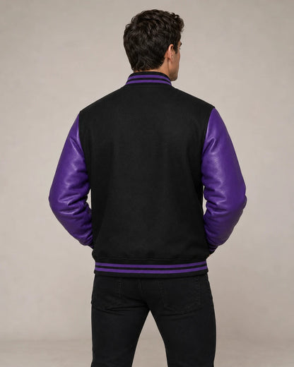 Men’s black and purple wool and leather varsity jacket back view