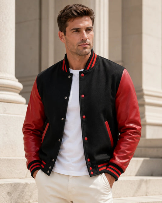 Men’s black and red wool and leather varsity jacket front view