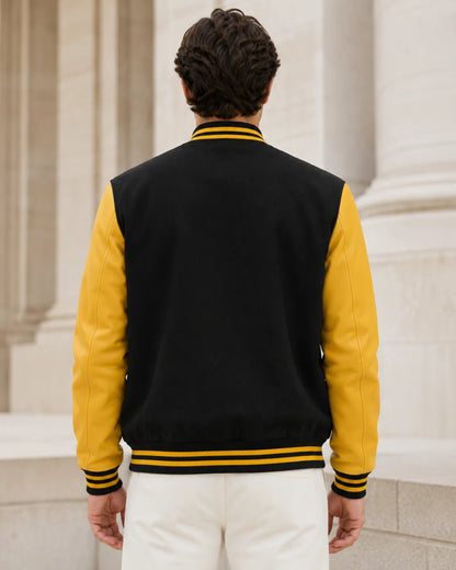 Back view of a blank men's black and yellow varsity jacket with yellow leather sleeves