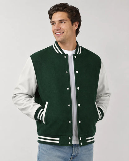Mens green varsity jacket with wool body, white leather sleeves, snap buttons, and striped ribbed trim worn by male model