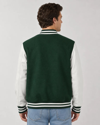 Back view of mens green varsity jacket with blank green wool body, white leather sleeves, and striped ribbed hem on male model