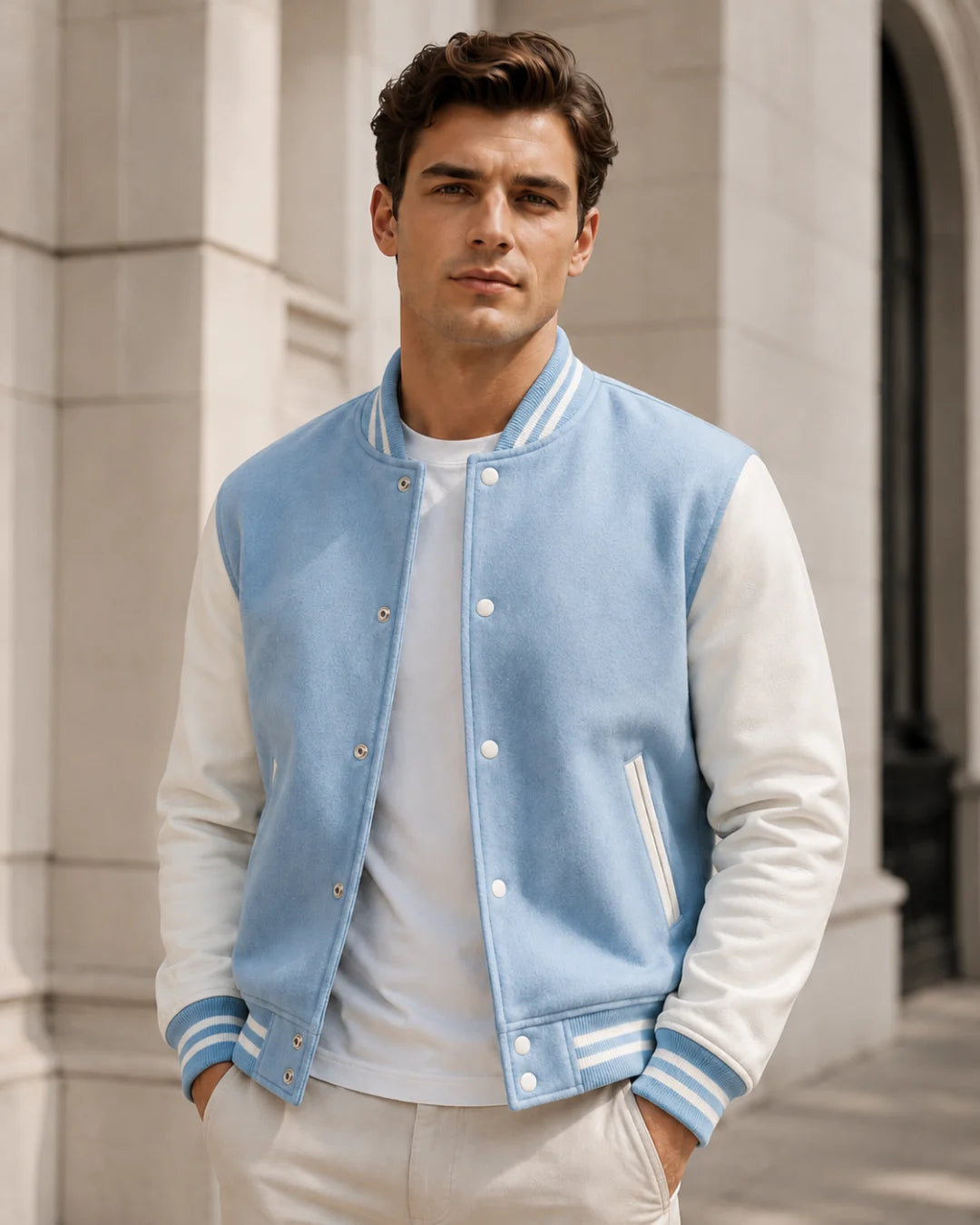 Men wearing a blank light blue varsity jacket with white leather sleeves, front view