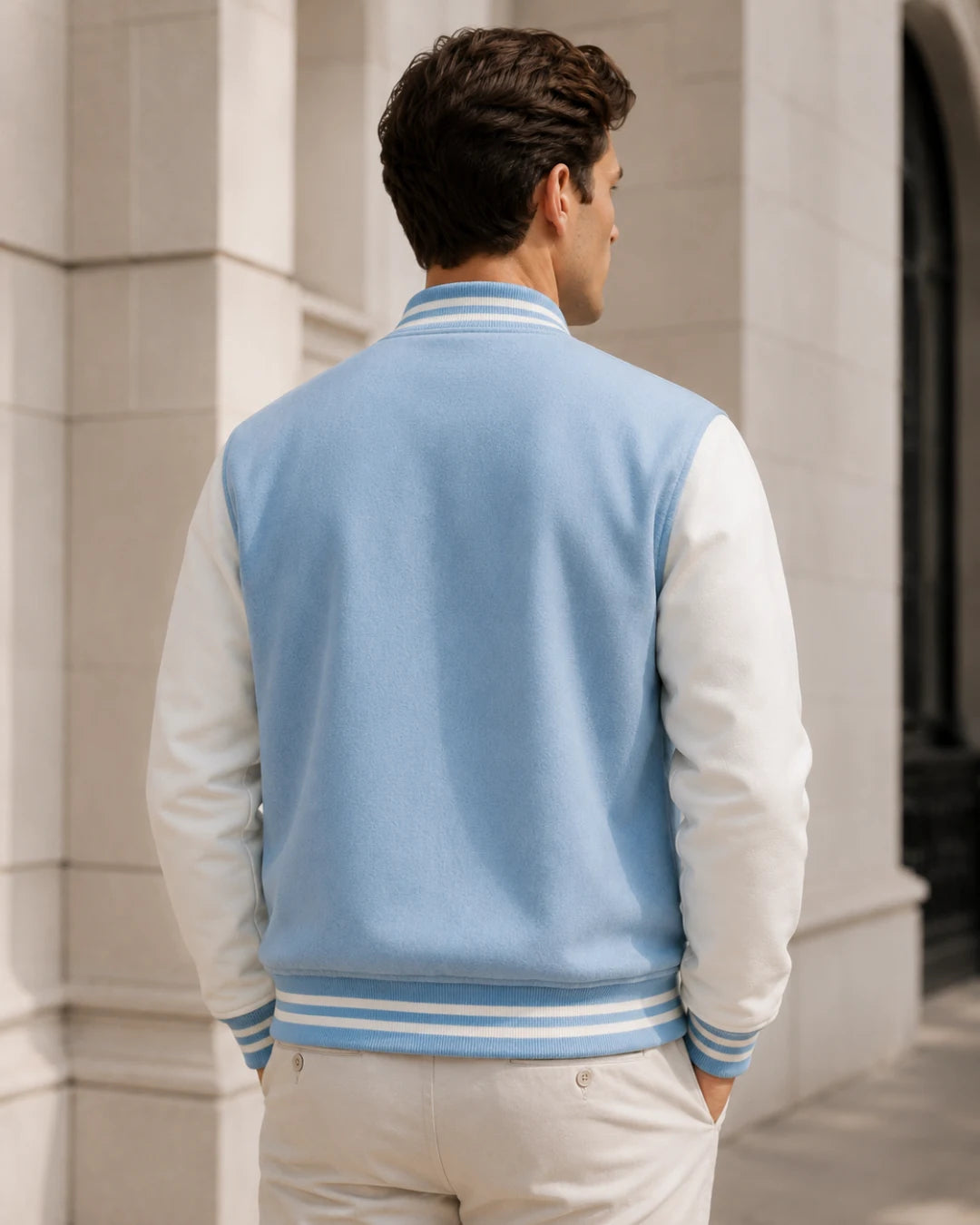 Back view of a blank light blue varsity jacket with white leather sleeves on a male model