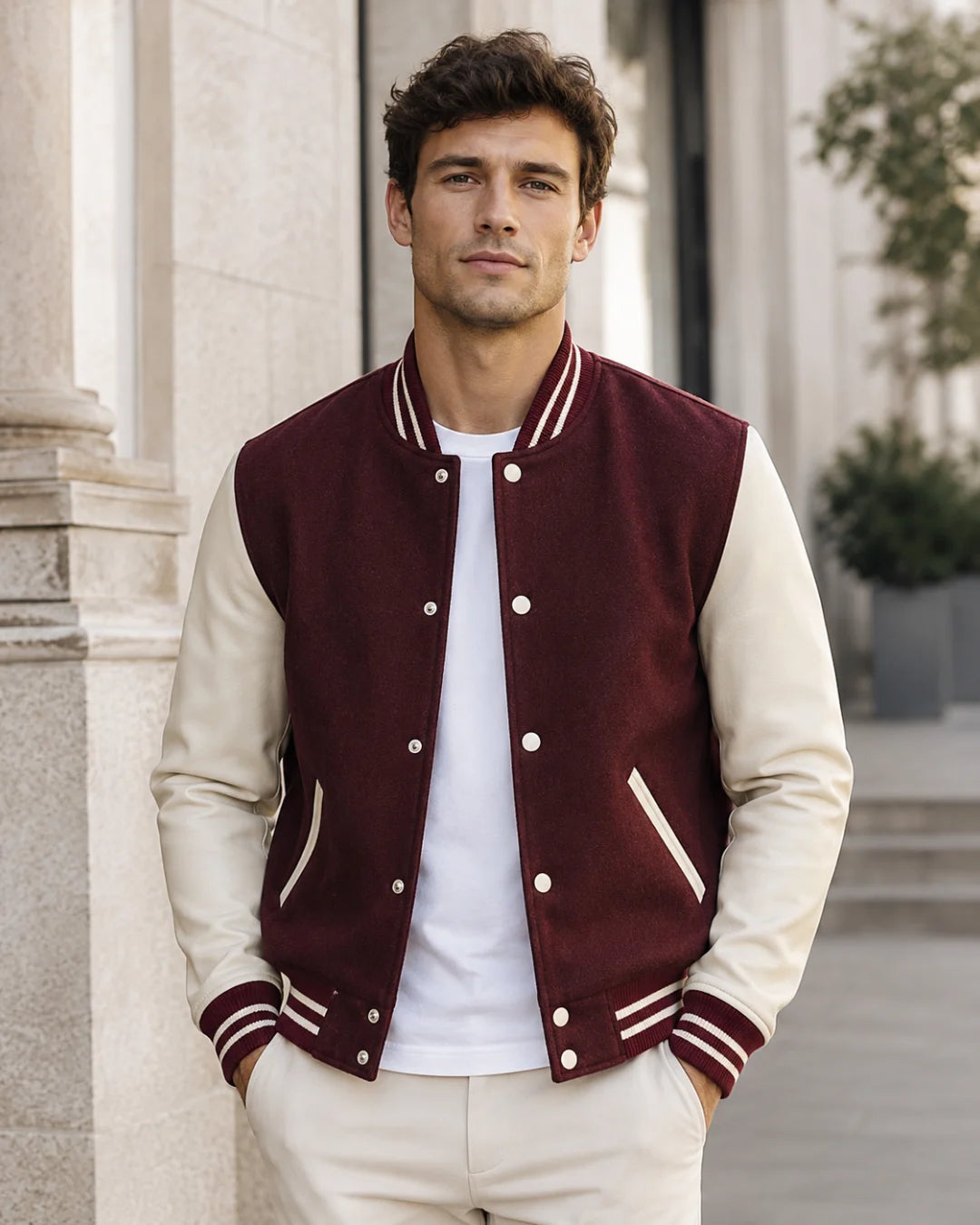 Male model wearing a blank men’s maroon varsity jacket with cream leather sleeves