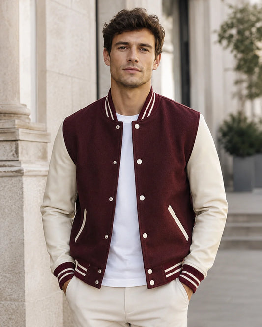 Male model wearing a blank men’s maroon varsity jacket with cream leather sleeves