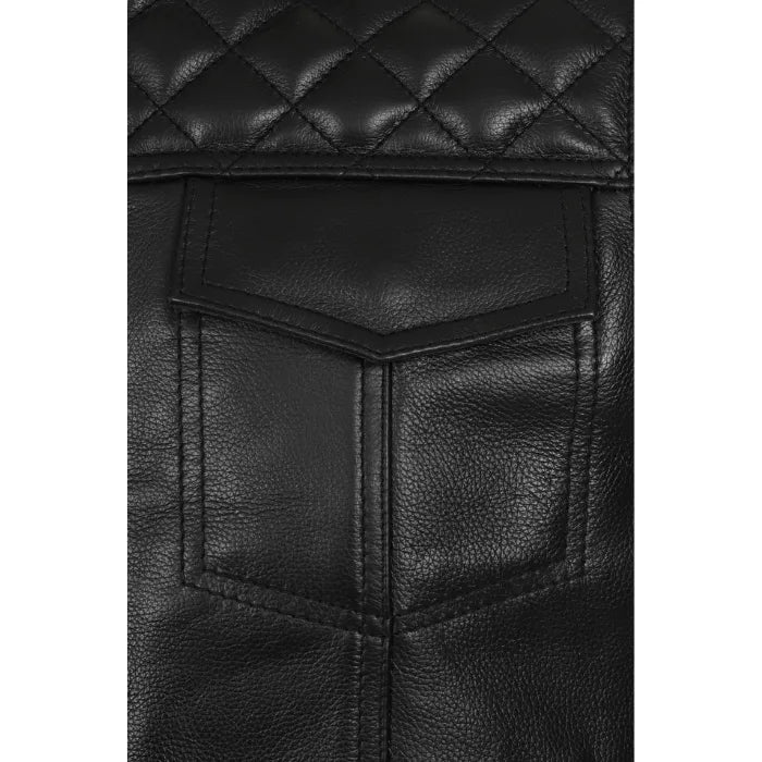 Close-up of a black leather vest with quilted pattern