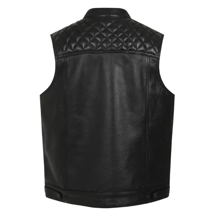 Mens Motorcycle Black Leather Vest Back Side