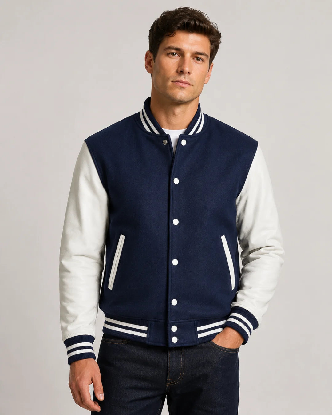 Mens navy blue varsity jacket with wool body, white leather sleeves, snap buttons, and striped ribbed trim worn by male model