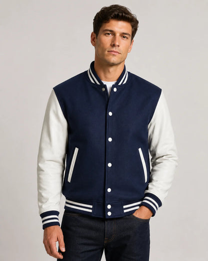 Mens navy blue varsity jacket with wool body, white leather sleeves, snap buttons, and striped ribbed trim worn by male model