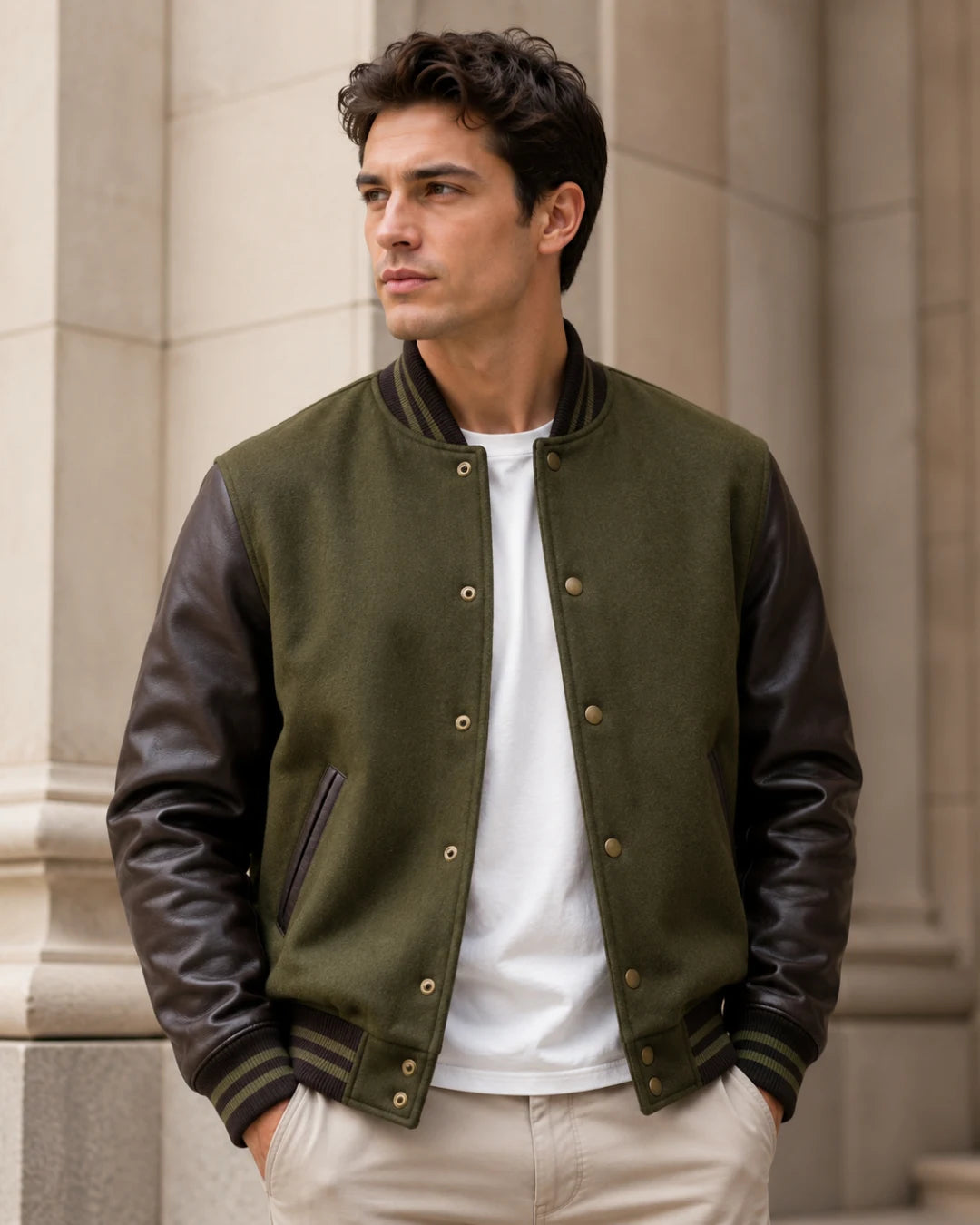 Male model wearing a blank men's olive green varsity jacket with dark brown leather sleeves