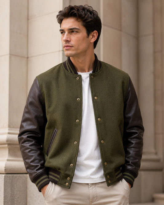 Male model wearing a blank men's olive green varsity jacket with dark brown leather sleeves
