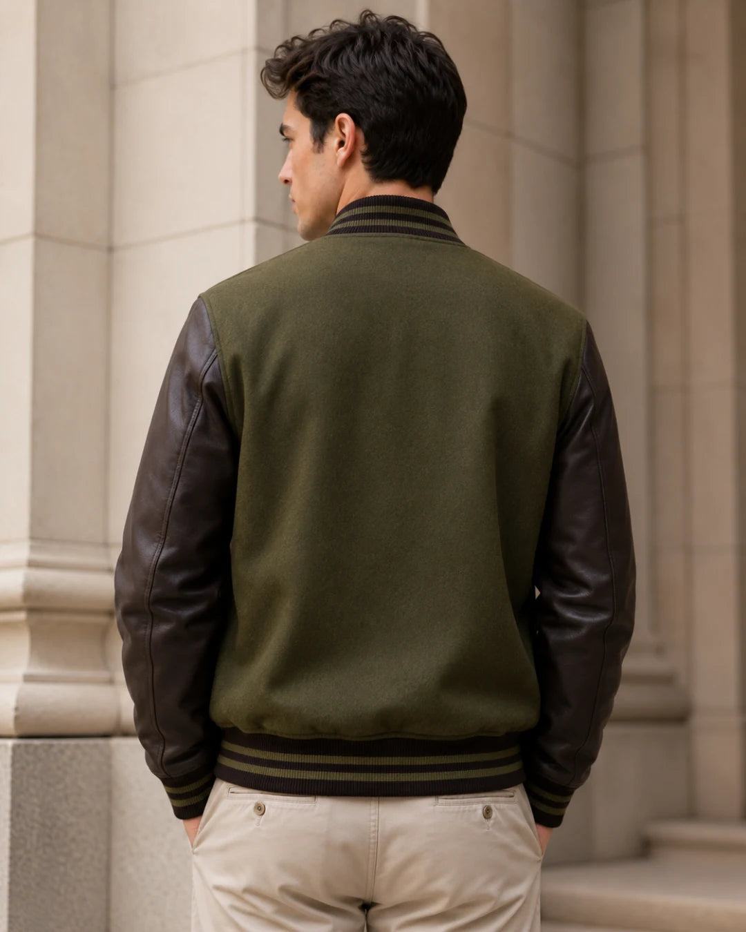 Back view of a blank men's olive green varsity jacket with dark brown leather sleeves
