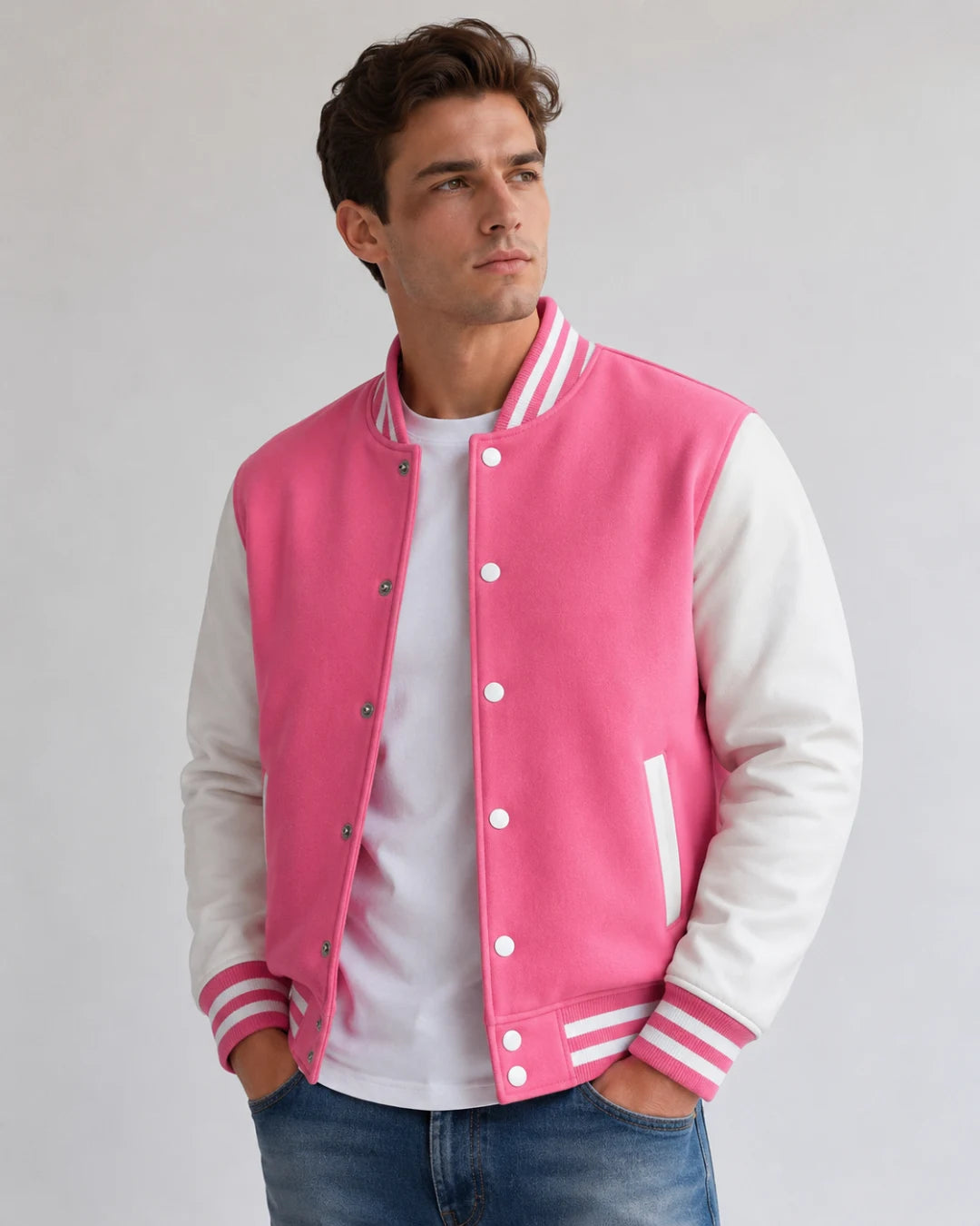 Mens pink and white varsity jacket with wool body, white leather sleeves, snap buttons, and striped ribbed trim worn by male model