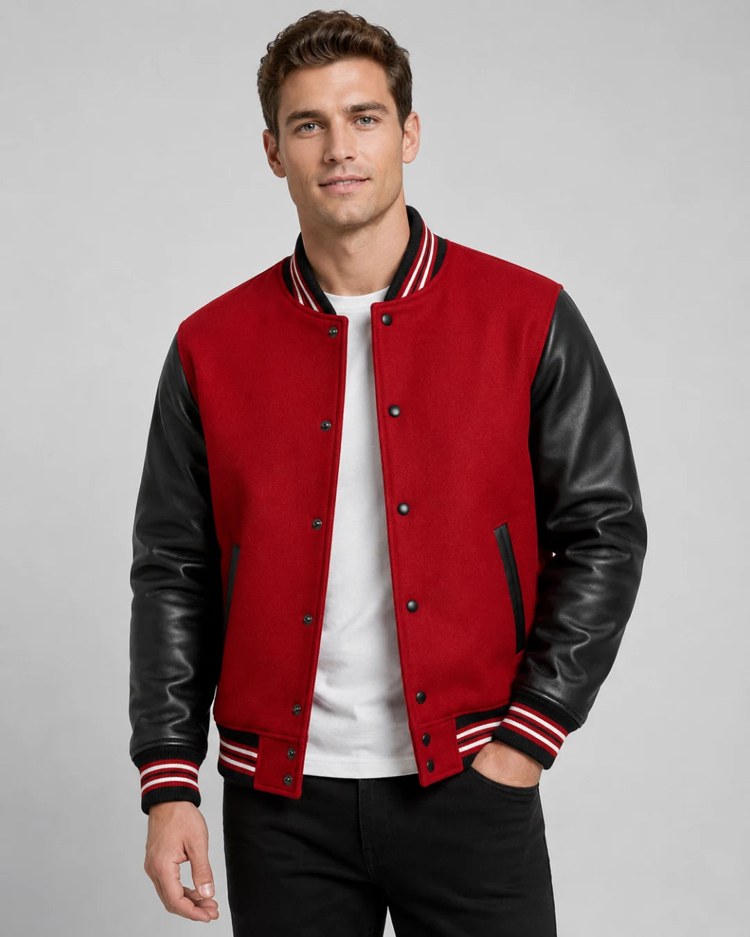 Mens red and black varsity jacket with red wool body, black leather sleeves, snap buttons, and striped ribbed trim worn by male model
