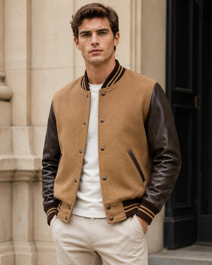Male model wearing a blank men’s tan varsity jacket with dark brown leather sleeves