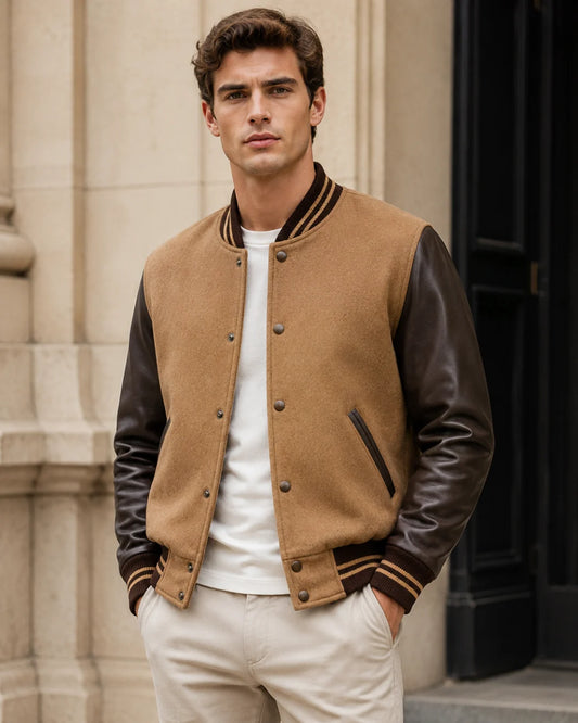 Male model wearing a blank men’s tan varsity jacket with dark brown leather sleeves