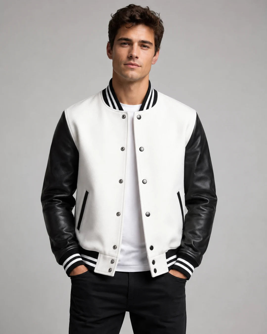 Mens white and black varsity jacket with wool body, black leather sleeves, snap buttons, and striped ribbed trim worn by male model