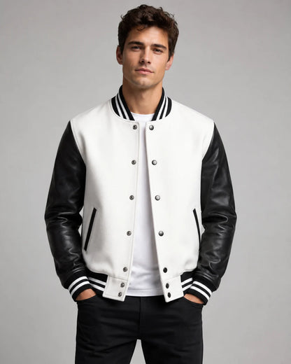 Mens white and black varsity jacket with wool body, black leather sleeves, snap buttons, and striped ribbed trim worn by male model