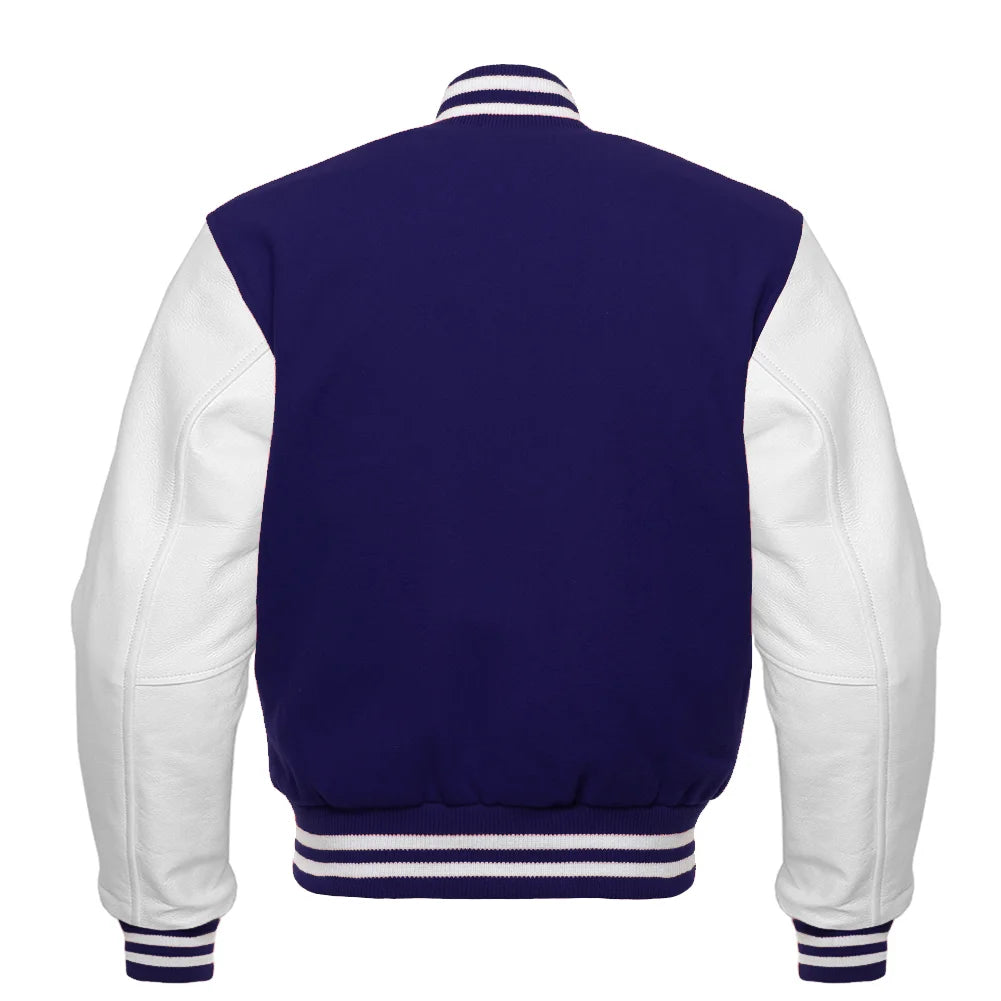 Navy Blue and White Varsity Jacket Back Side