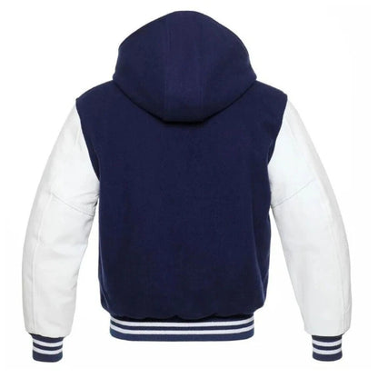 NAVY AND WHITE HOODED VARSITY JACKET