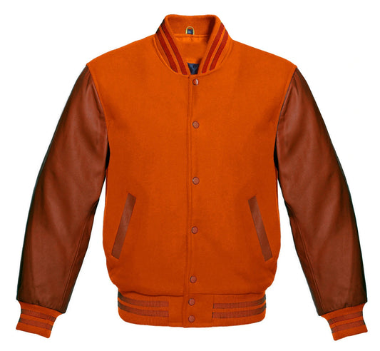 Orange Varsity Jacket with Brown Sleeves