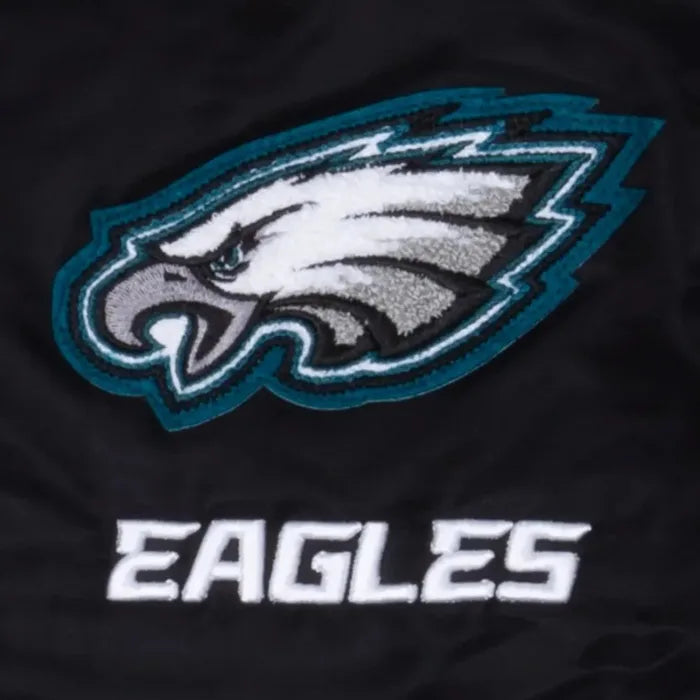 Embroidered Philadelphia Eagles logo on a black background