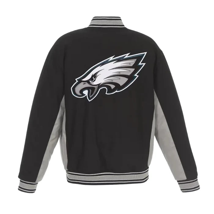 Philadelphia Eagles Black and Gray Varsity Wool Jacket Back Side