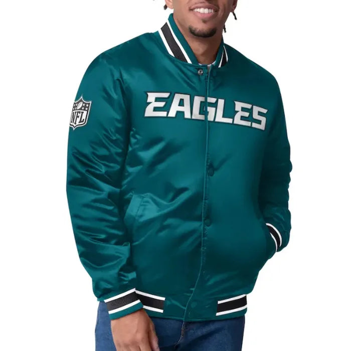 Teal jacket with 'EAGLES' text and NFL logo on a white background