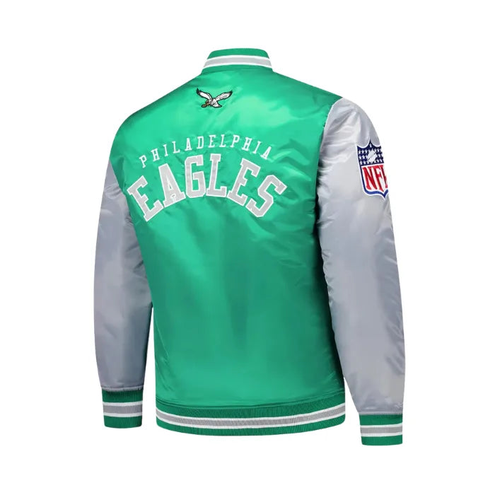 Philadelphia Eagles Kelly Green and Gray Team Satin Jacket Back Side