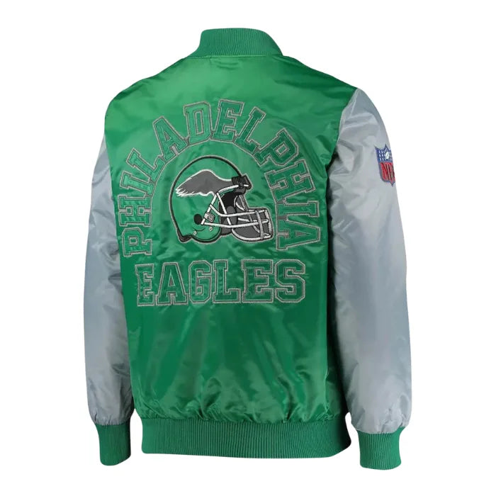 Green and gray jacket with 'Philadelphia Eagles' text and logo on a white background