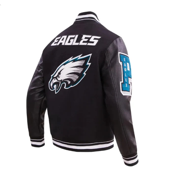 Black varsity jacket with Eagles logo and text on a white background