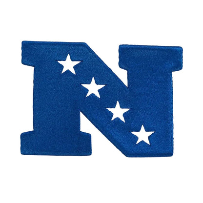 Blue letter 'N' with white stars on a white background
