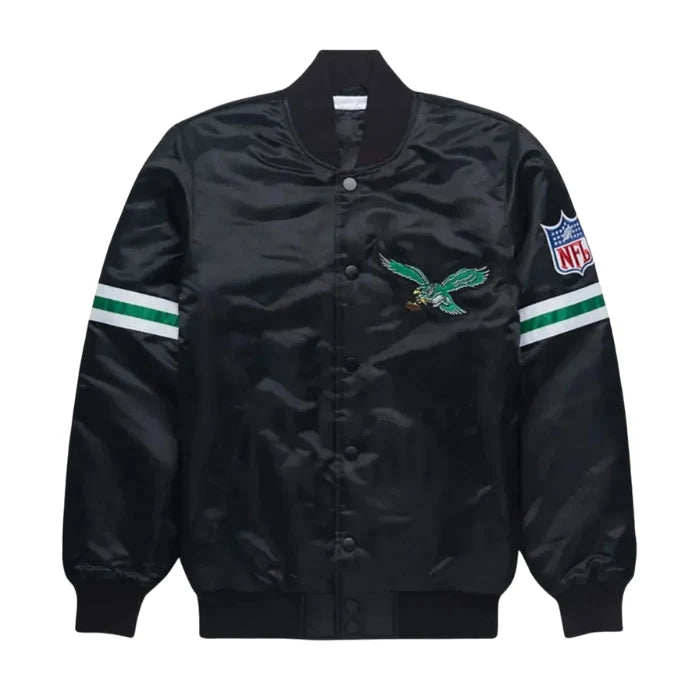 Black satin jacket with NFL logo and eagle emblem on a white background