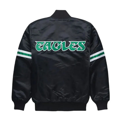 Black satin jacket with 'EAGLES' text on a white background