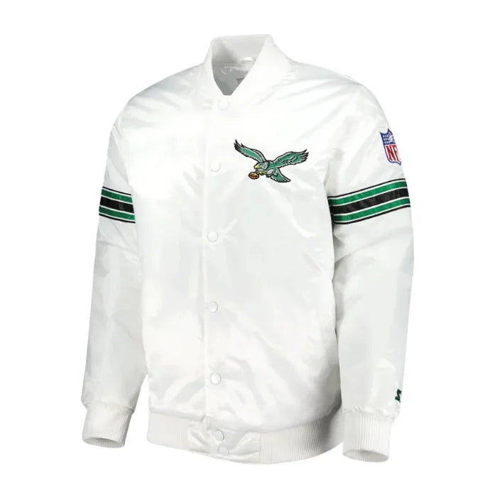 White jacket with sports team logo and stripes on a white background