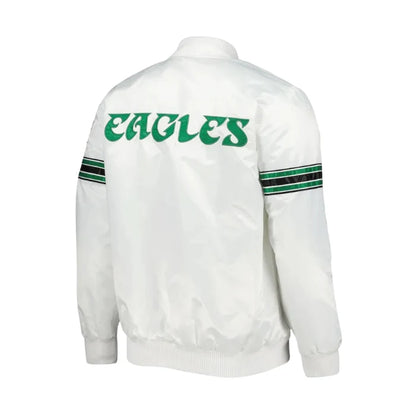 White jacket with 'EAGLES' text on the back against a white background
