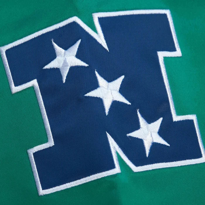 Blue letter 'N' with white stars on a green background