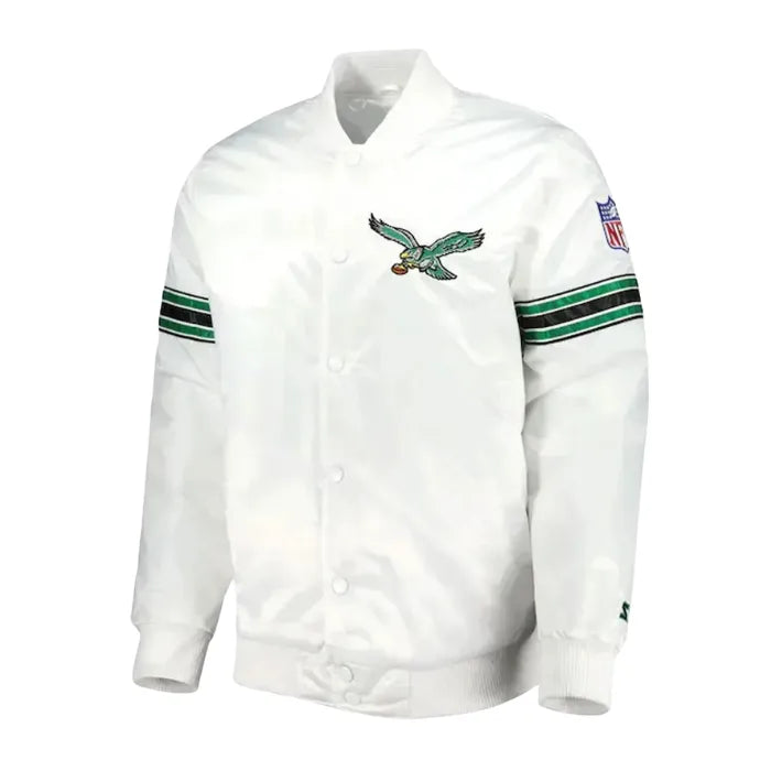 White sports jacket with eagle logo and green stripes on sleeves against a white background