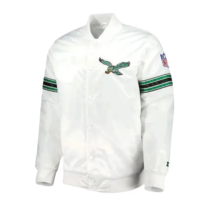 White sports jacket with eagle logo and green stripes on sleeves against a white background