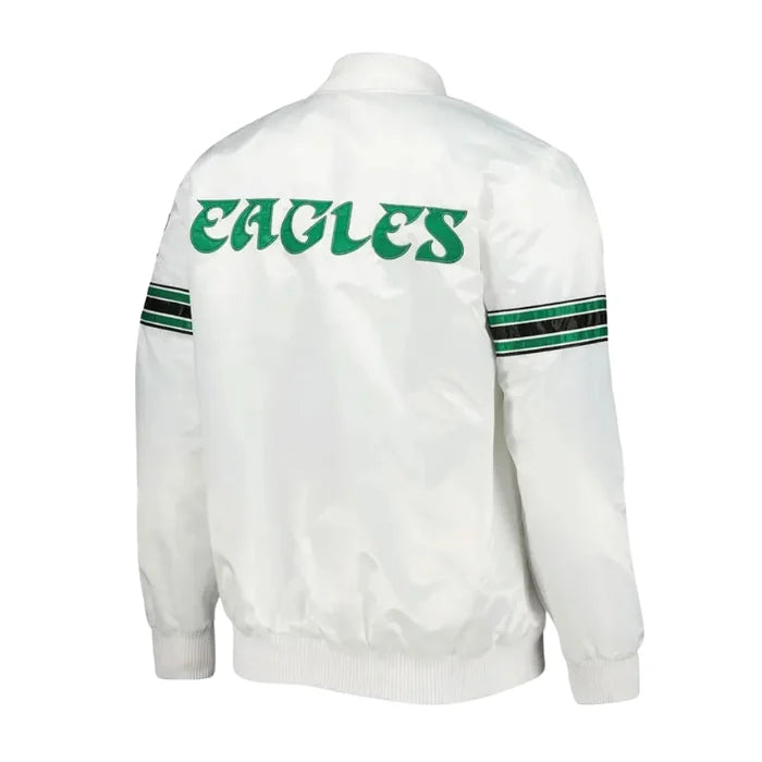 White jacket with 'EAGLES' text on the back, green and black stripes on sleeves, on a white background