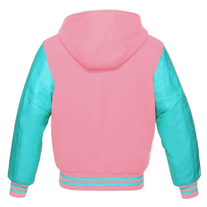Pink and Tiffany Hooded Varsity Jacket Back Side