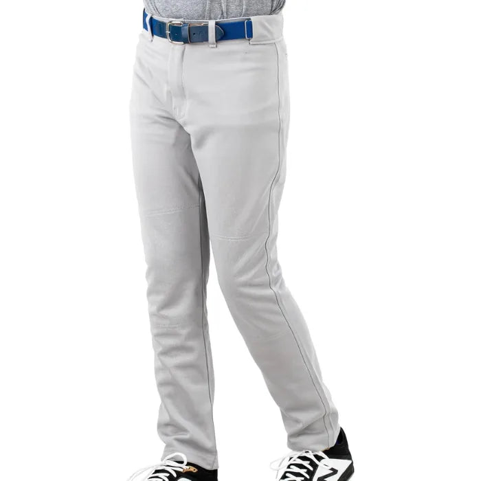 Front view of ProFlex RelaxFit grey baseball pants with black waistband and blue belt.