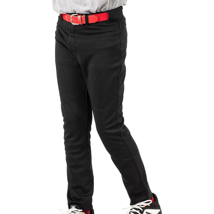 Front view of ProFlex RelaxFit black baseball pants with red belt and black waistband.
